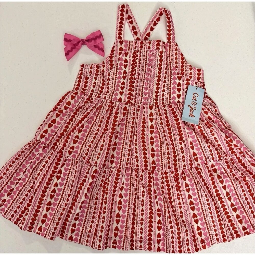 Cat & Jack Heart Sundress Set TODDLER GIRLS SIZE 2T With Pink Hair Bow Clip NEW